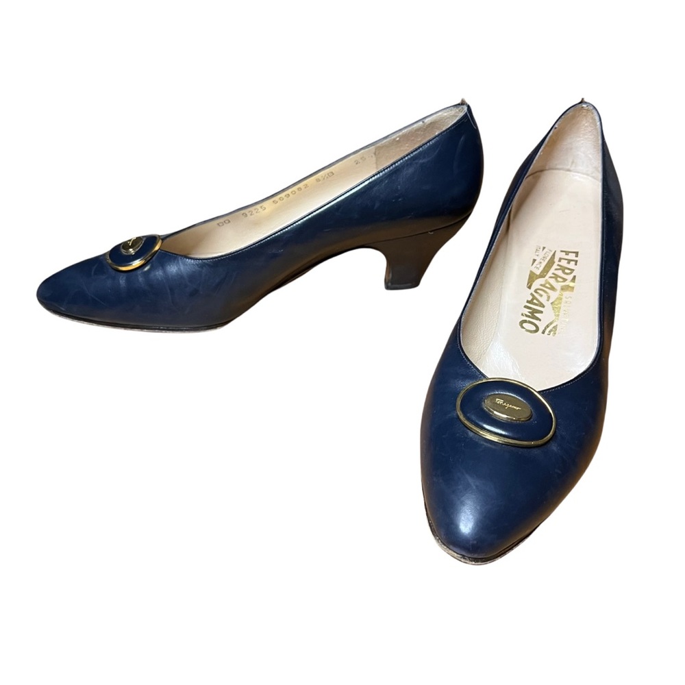 Vintage Salvatore Ferragamo Heels Gold Medallion Navy Blue Pointy Toe Leather